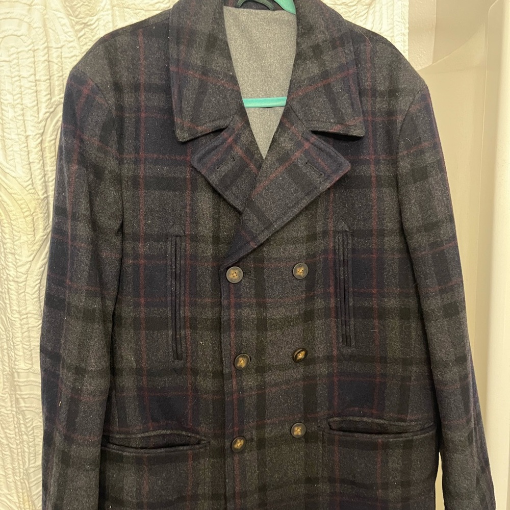 Ralph Lauren Men's Navy and Plaid Pea Coat